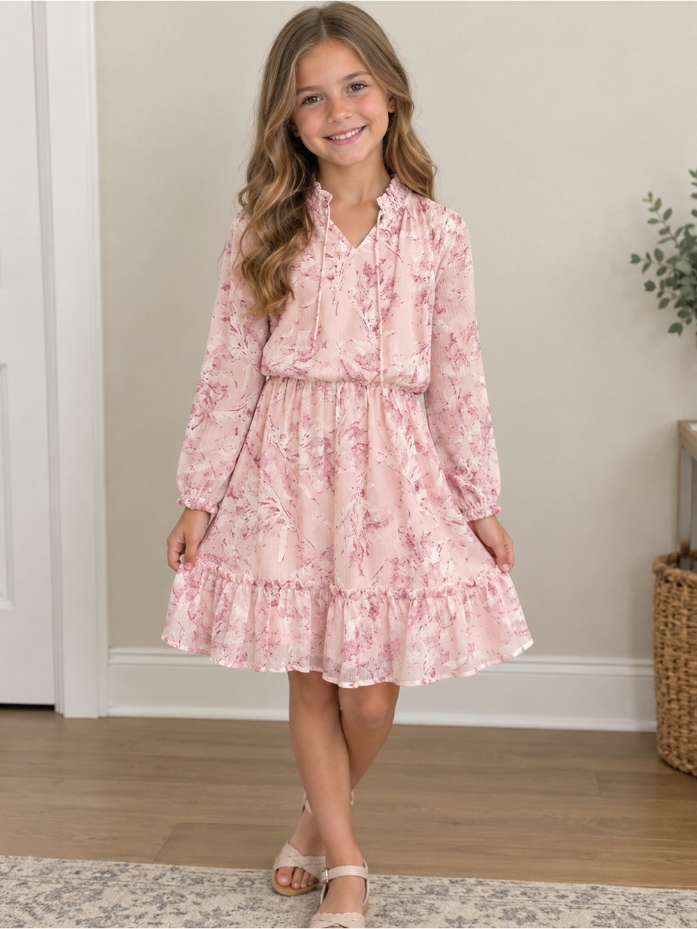 GB girls Pink Floral Ruffle Hem Long-Sleeve Dress